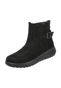 Botín de ante negro con suela de goma, correa lateral con hebilla y un pequeño tacón, diseñado para uso casual o al aire libre.