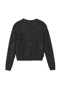 Pull court noir avec une finition texturée présentant des éclats argentés, des poignets et un ourlet côtelés ; design en tricot avec un col rond.