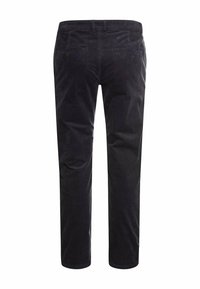 Zwarte corduroy broek, rechte snit, twee achterzakken, gestructureerde stof, subtiele glans, riemlussen in de taille, nette zoomafwerking.