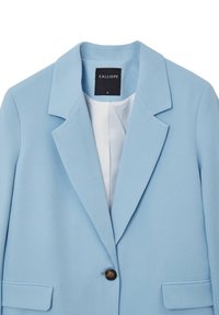 Blazer bleu clair en tissu lisse, doté d'un col cranté, d'une fermeture à un bouton et d'une poche avant. Étiquette indiquant "CALLIOPE", taille S.
