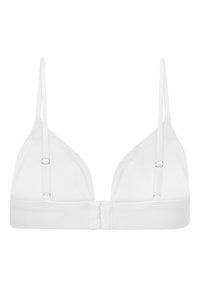 Sostén triangular blanco con tirantes ajustables y una tela suave y lisa. Cuenta con un cierre de gancho y ojal en la parte posterior para un ajuste seguro.