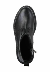 Black leather ankle boot with a textured finish, featuring a side zipper and contrasting stitching around the sole.