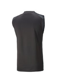 Top atletico senza maniche in nero solido con pannelli laterali grigi texturizzati, realizzato in tessuto traspirante, con scollatura rotonda e finitura liscia.