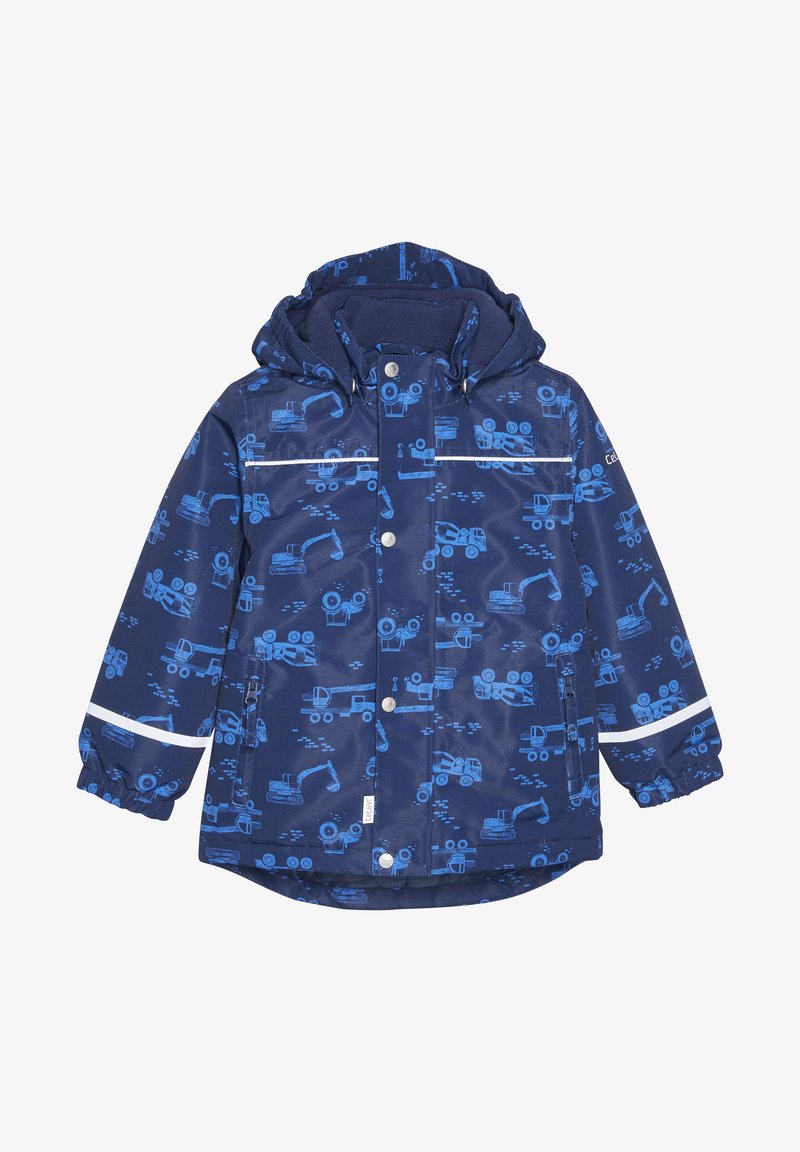 Marinblå regnjacka med mönster av blå byggfordon, elastiska ärmslut, huva och reflexdetaljer på framsidan.