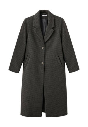 Cappotto lungo di lana grigio scuro con motivo a quadri discreto, due bottoni, ampi revers e tasche frontali inclinate, aperto nella parte inferiore davanti.