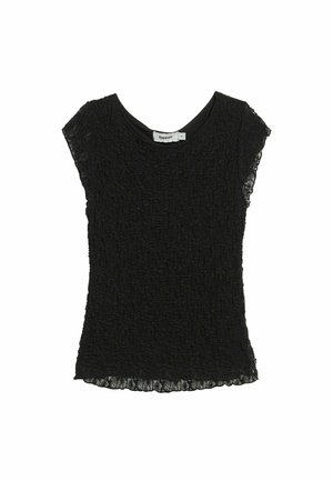 Mustapintainen yläosa, jossa on teksturoitu kangas, lyhyet hihat ja pyöreä pääntie. Hihansuissa ja helmassa olevat pitsikoristeet tuovat yksityiskohtia designiin.