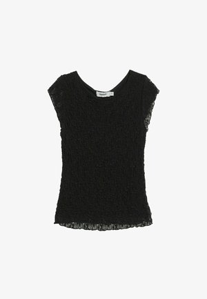 Schwarzes Oberteil aus strukturiertem Stoff, mit kurzen Ärmeln und rundem Ausschnitt. Spitzendetails an Ärmeln und Saum verleihen dem Design zusätzliche Raffinesse.