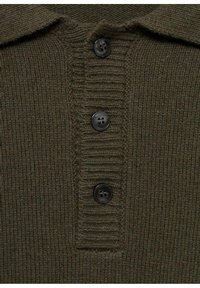 Knit sweater in dark olive green, featuring a collared neckline and three black buttons along the front placket with ribbed texture.