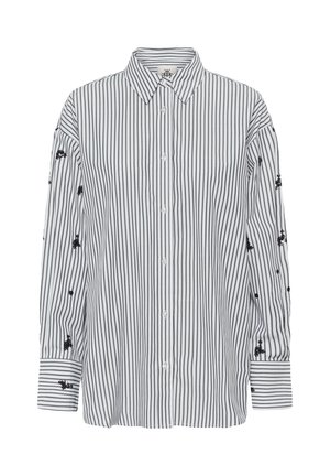 Cămașă cu dungi alb-negru, cu nasturi, mâneci lungi și detalii brodate negre. Confecționată dintr-un material ușor.
