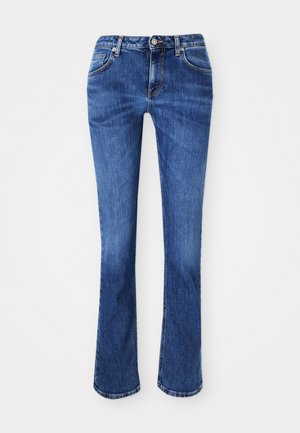 Denim jeans in blue, featuring a straight cut, five-pocket design, brass button closure, and subtle fading for texture.