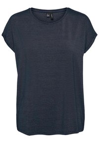 Tmavě modré tričko s krátkým rukávem z měkké tkaniny, s jemnou pruhovanou strukturou, kulatým výstřihem a volným, pohodlným střihem.