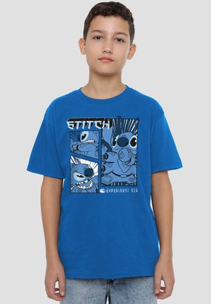 Blue cotton t-shirt featuring a graphic print of Stitch in four panels with black outlines and text reading "EXPERIMENT 626."