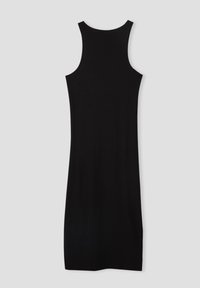 Schwarzes ärmelloses Kleid mit einer taillierten Passform, knielanger Schnitt und glatter Textur. Keine sichtbaren Muster oder Akzente.