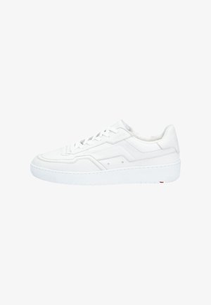 Witte leren sneakers met een gladde afwerking, ronde neus, vetersluiting en een gekleurde rubberen zool. Bevat subtiele stiksels en logo-accenten.