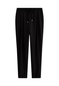 Svarta sweatpants i lättviktig tissu, med elastisk midja och dragsko samt smalnande ben. Slät textur, minimalistisk design.