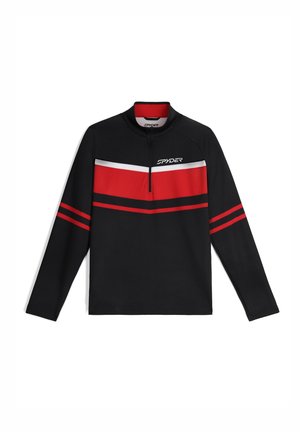 Pullover nero a maniche lunghe con colletto a zip, caratterizzato da strisce orizzontali rosse e bianche sul petto e sulle spalle. Logo sul lato sinistro.