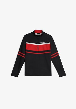 Pull-over noir à manches longues avec un col zippé, arborant des rayures horizontales rouges et blanches sur la poitrine et les épaules. Logo sur le côté gauche.