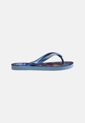 Blue flip-flop sandal with colorful patterned sole and "havaianas" logo on strap, displayed on plain light background.