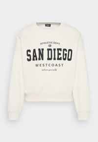 Weißes, kurz geschnittenes Sweatshirt aus weichem Stoff mit schwarzem Grafikdruck und den Texten "SAN DIEGO" und "WESTCOAST". Mit gerippten Bündchen ausgestattet.