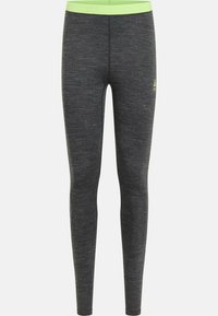 Graue Sportleggings mit glatter Textur und enganliegendem Design. Mit einem hellgrünen Bund mit Branding und ohne zusätzliche Muster.
