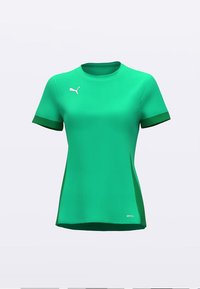 Zelené športové tričko z hladkého materiálu s okrúhlym výstrihom, krátkymi rukávmi a tmavozelenými akcentmi na okrajoch rukávov. Na tričku je logo.