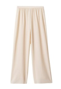 Plisowane spodnie z szerokimi nogawkami w delikatnym, jasnym beżowym kolorze. Posiadają elastyczny pas i gładką, teksturowaną tkaninę.