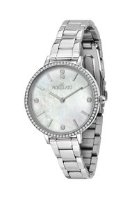Orologio in metallo argentato con quadrante rotondo, dial in madreperla, accenti di diamante e una lunetta decorata con pietre. Presenta un design a bracciale a maglie.