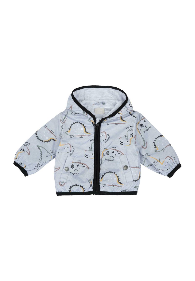 Ljusblå jacka med dinosaurtryck, svart kant, huva, framdragkedja och tryckknappsfickor; tillverkad av mjukt, flexibelt material.