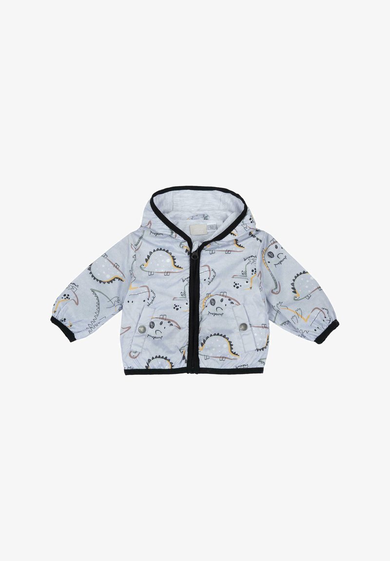 Ljusblå jacka med dinosaurtryck, svart kant, huva, framdragkedja och tryckknappsfickor; tillverkad av mjukt, flexibelt material.