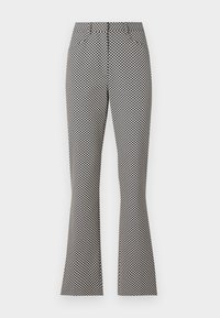 Pantalons évasés dans un motif géométrique bleu marine et crème. Fabriqués à partir d'un tissu texturé, avec une taille ajustée et un ourlet évasé.