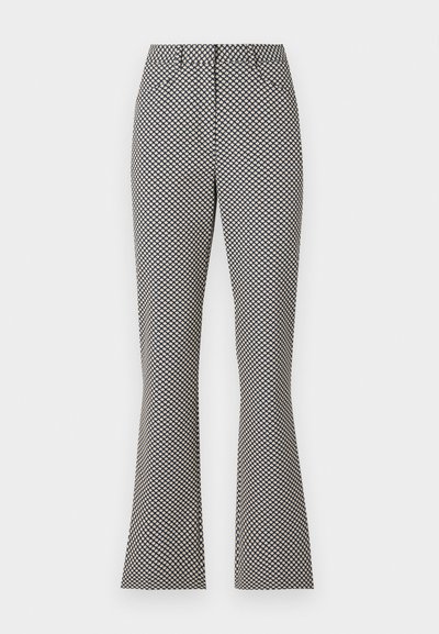 Pantalons évasés dans un motif géométrique bleu marine et crème. Fabriqués à partir d'un tissu texturé, avec une taille ajustée et un ourlet évasé.