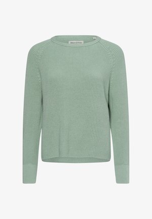 Light green knit sweater featuring a round neckline, long raglan sleeves, and ribbed cuffs. The texture is loosely woven, offering a soft appearance.