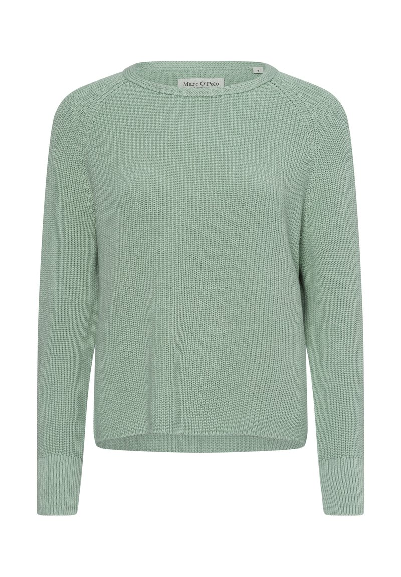 Hellgrüner Strickpullover mit rundem Ausschnitt, langen Raglanärmel und gerippten Bündchen. Die Textur ist locker gewebt und vermittelt ein weiches Erscheinungsbild.