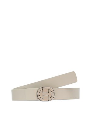 Beige leather belt featuring a wide design, smooth texture, and a circular silver-tone buckle with a geometric cutout pattern.