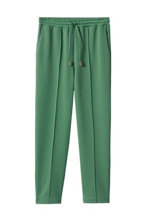 Pantalon de jogging vert avec taille élastique et cordon, doté de poches latérales et de jambes droites.