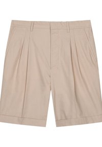 Pantaloni corti beige con un design plissettato nella parte anteriore, realizzati in tessuto leggero, dotati di tasche laterali e orlo dritto.