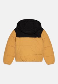 Doudoune jaune et noire, avec une capuche et des coutures horizontales. La partie inférieure est entièrement jaune, tandis que la partie supérieure est noire.