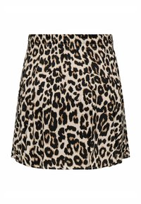 Luipaardprint rok met een zwart en beige kleurenschema, geplooid ontwerp, elastische tailleband en een gladde, lichte stof.