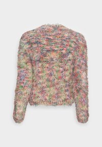Pull duveteux multicolore avec manches longues et encolure ronde, confectionné dans un matériau doux et texturé aux teintes vives variées.