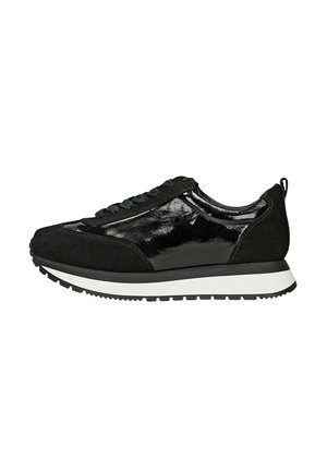 Black athletic shoes featuring a mix of shiny patent leather and suede materials, with a white rubber sole and black laces.