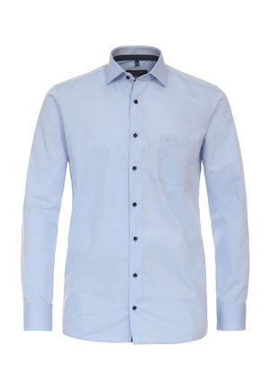 Hellblaue Button-Down-Hemd mit langen Ärmeln, einer Brusttasche und schwarzen Knöpfen; aus einem glatten Stoff mit subtiler Textur gefertigt.