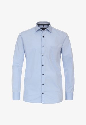 Light blue button-down shirt with long sleeves, a chest pocket, and black buttons; made from a smooth fabric with a subtle texture.