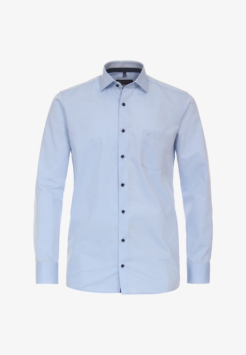 Hellblaue Button-Down-Hemd mit langen Ärmeln, einer Brusttasche und schwarzen Knöpfen; aus einem glatten Stoff mit subtiler Textur gefertigt.