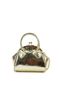 Metalen gouden handtas met een gestructureerde vorm, met een ronde bovenkant, dubbele handvatten, een kettingriem en een gestructureerde afwerking die lijkt op slangenhuid.