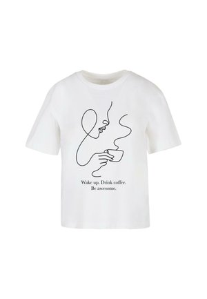 White cotton t-shirt featuring a minimalist black line drawing of a face holding a coffee cup, with text: "Wake up. Drink coffee. Be awesome."