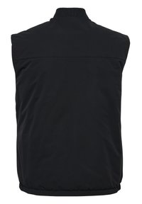 Schwarze ärmellose Weste aus glattem Stoff, mit einem gerippten Kragen und elastischem Bund, schlicht im Design und ohne sichtbare Hardware.