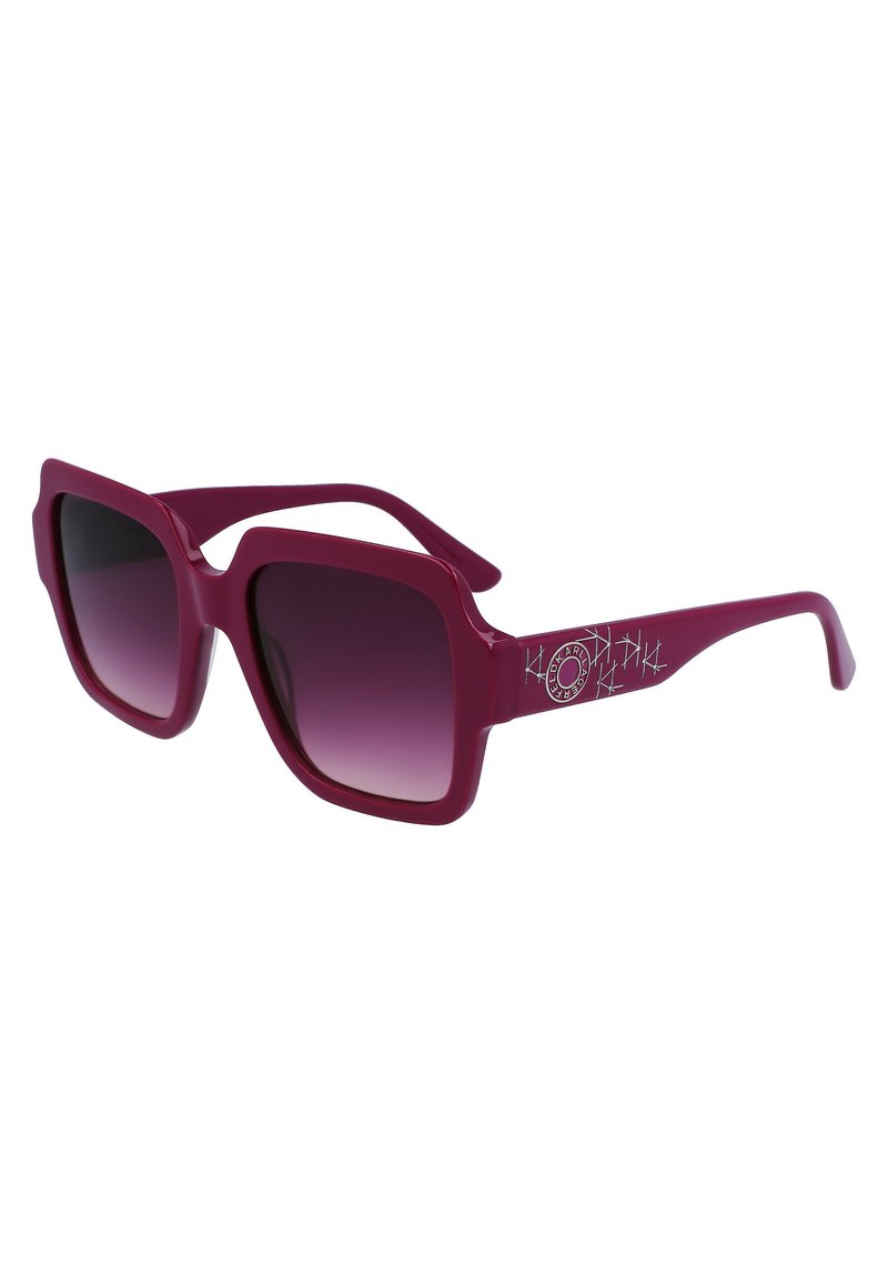 Gafas de sol burdeos con montura cuadrada, lentes oscuros con degradado y un patrón decorativo en las patillas. Fabricadas en un material plástico duradero.