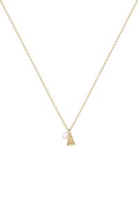 Guld kædethalskæde med en lille Buddha charme og en rund rosa ædelsten accent. Delikat design med en glat tekstur.