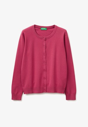 Raspberry roze cardigan met lange mouwen, knopen, geribbelde manchetten en zoom, een ronde halslijn en een groen label van United Colors of Benetton.