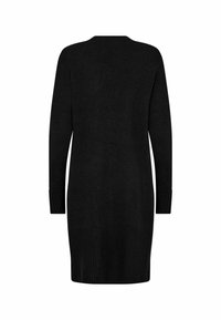 Black knit sweater dress with long sleeves, a round neckline, ribbed hems, and a relaxed fit, featuring a smooth texture.